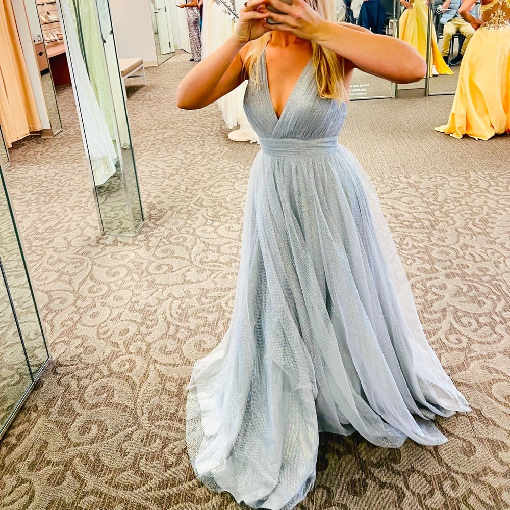 New Iridescent Shimmer Deep V Cut A-line Tulle Ball Gown | JULES AND CLEO